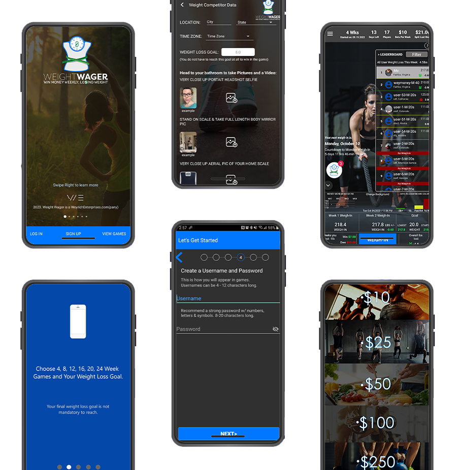 WeightWager mobile app screens